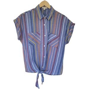 Sandy & Sid Striped Knot Button Down Blouse Womens Size M Blue Multi Cropped